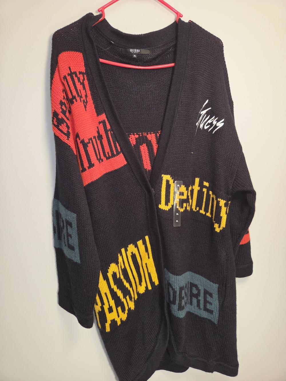 Guess Icon Graphic Cardigan Sweater Women's XL Black Knit Oversized NWT .